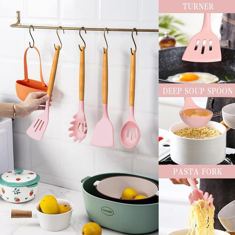 Pink Silicone Kitchen Utensil Spatula Spoon Pasta Serving Tong Whisk 12 Pc Set