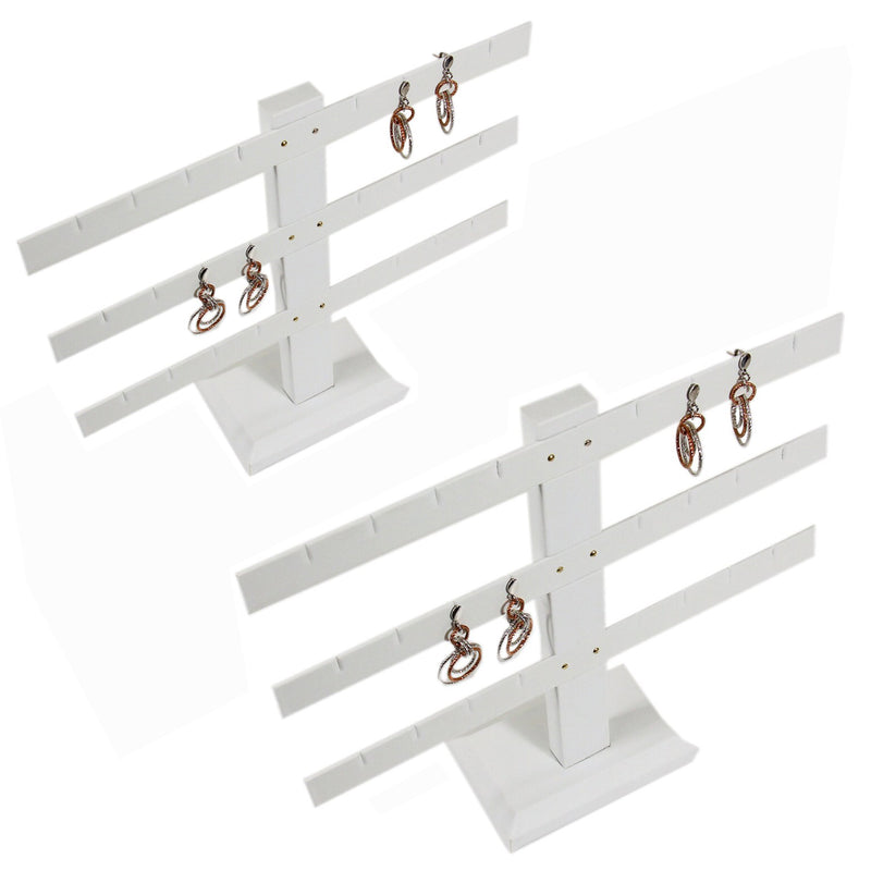 2 Pcs Display White Faux Leather 3 Bars Earring Jewelry Display Stand 10&