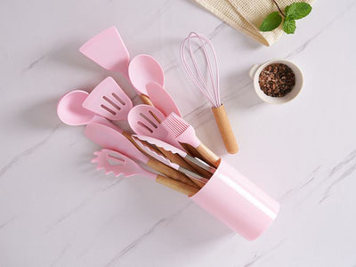 Pink Silicone Kitchen Utensil Spatula Spoon Pasta Serving Tong Whisk 12 Pc Set