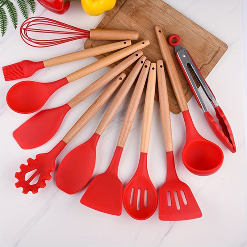 Red Silicone Kitchen Utensil Spatula Spoon Pasta Serving Tong Whisk 12 Pc Set