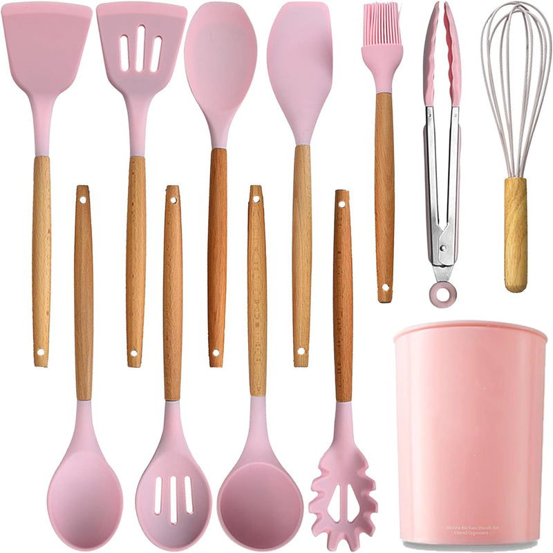 Pink Silicone Kitchen Utensil Spatula Spoon Pasta Serving Tong Whisk 12 Pc Set