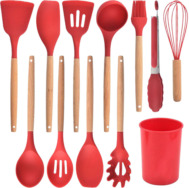 Red Silicone Kitchen Utensil Spatula Spoon Pasta Serving Tong Whisk 12 Pc Set