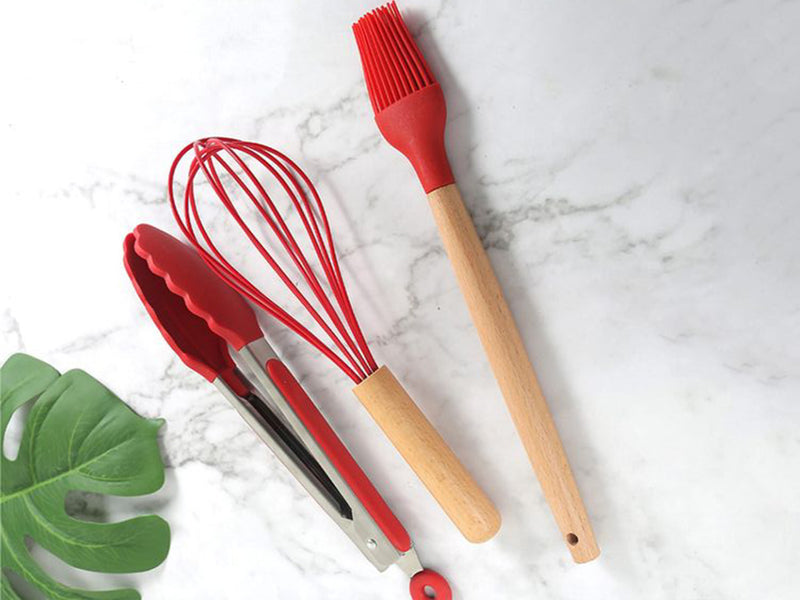 Red Silicone Kitchen Utensil Spatula Spoon Pasta Serving Tong Whisk 12 Pc Set