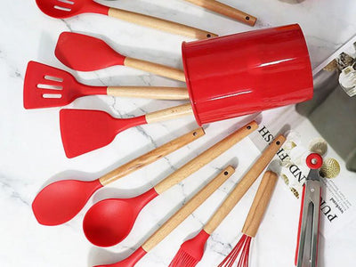 Red Silicone Kitchen Utensil Spatula Spoon Pasta Serving Tong Whisk 12 Pc Set