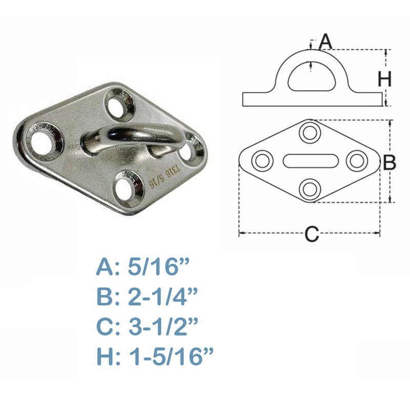 Marine Boat Diamond Pad Eye Welded SS316 Eye Pad Lift Rig Stainless Steel 5/16"