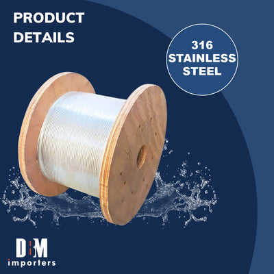 3/16" Stainless Steel 316 Wire Rope 250ft, T316 Steel Wire Cable, Deck Railing 1x19 Strands Construction, 4,000LBS Breaking Strength for Stair Handrail Clothesline