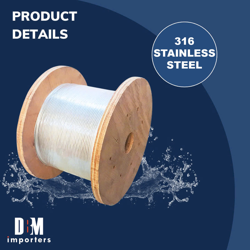 3/16" Stainless Steel 316 Wire Rope 1000ft, T316 Steel Wire Cable, Deck Railing 7x19 Strands Construction, 2900LBS Breaking Strength for Stair Handrail Clothesline