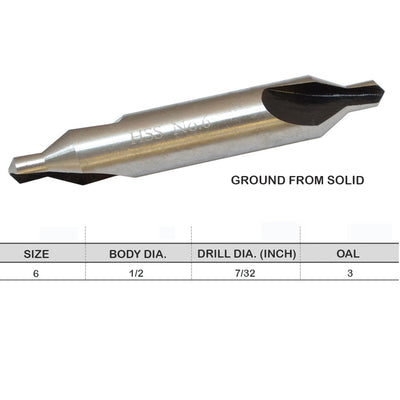 5 PC #6 HSS Center Drill & Contersink 60° 7/32" x 1/2" 3" Length