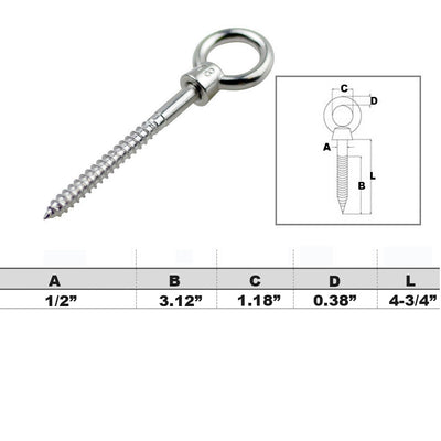 5 PC 1/2'' x 4-3/4'' Screw Lag Eye Bolt Stainless Steel SS 316