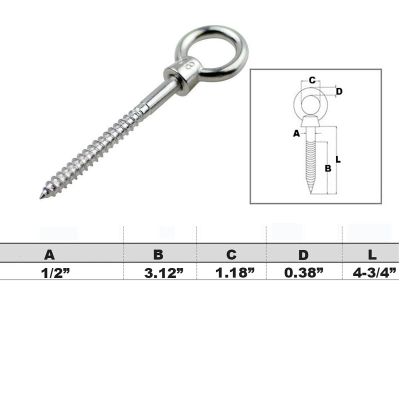 1 PC 1/2" x 4 3/4" Screw Lag Eye Bolt Stainless Steel SS 316