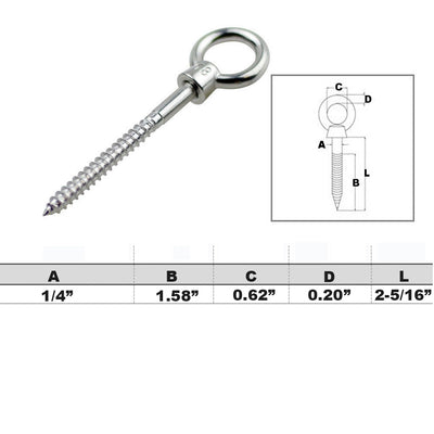 5 PC 1/4" x 2-3/8" Stainless Steel SS 316 Screw Lag Eye Bolt 5/8" Eye Diameter