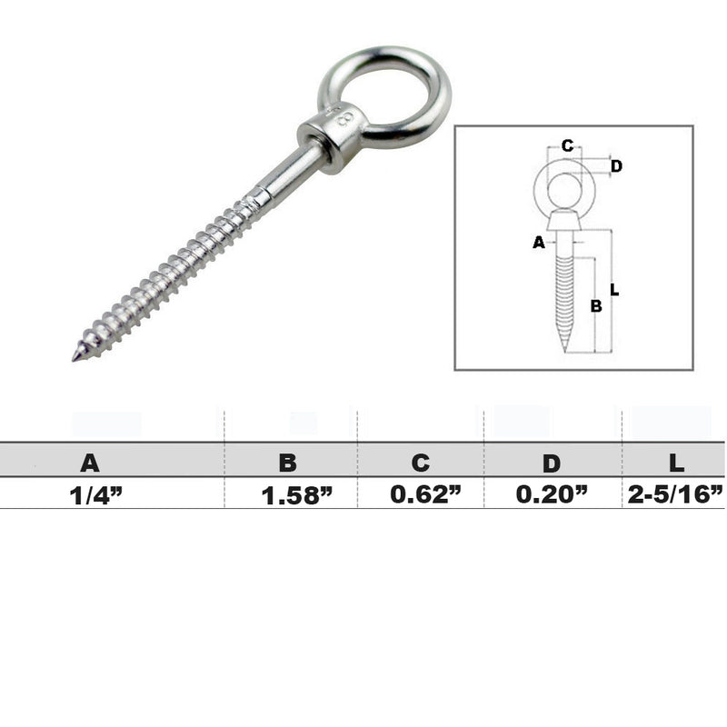 5 PC 1/4" x 2-3/8" Stainless Steel SS 316 Screw Lag Eye Bolt 5/8" Eye Diameter