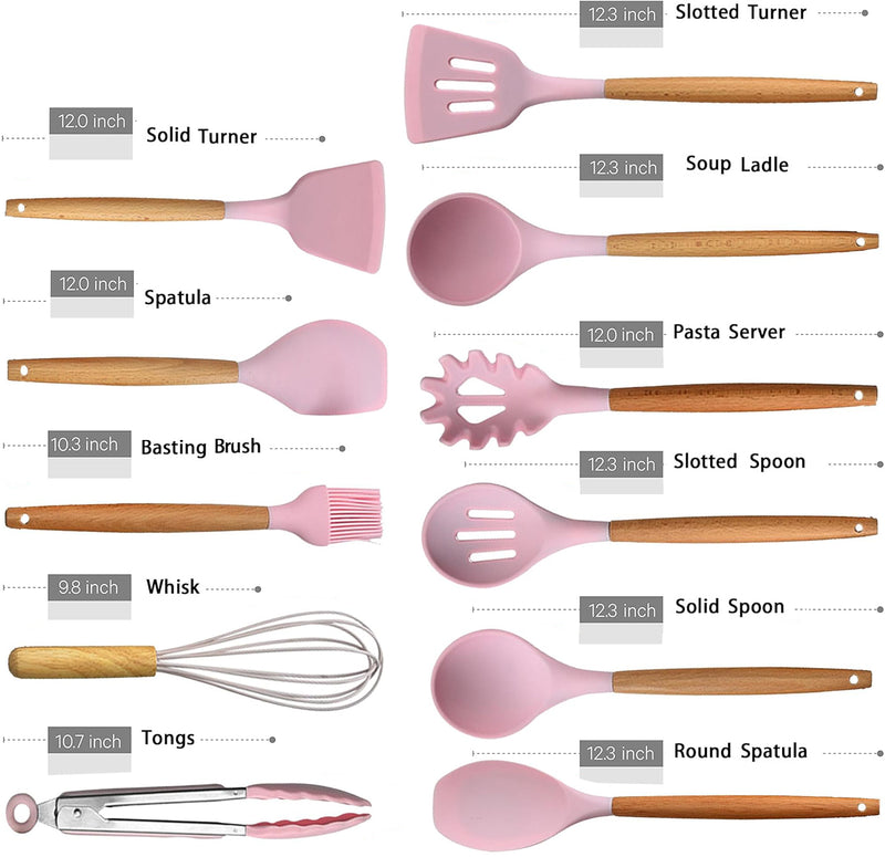 Pink Silicone Kitchen Utensil Spatula Spoon Pasta Serving Tong Whisk 12 Pc Set