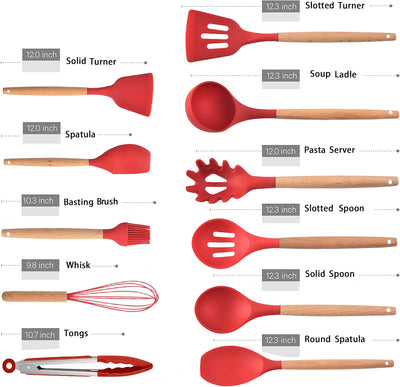 Red Silicone Kitchen Utensil Spatula Spoon Pasta Serving Tong Whisk 12 Pc Set