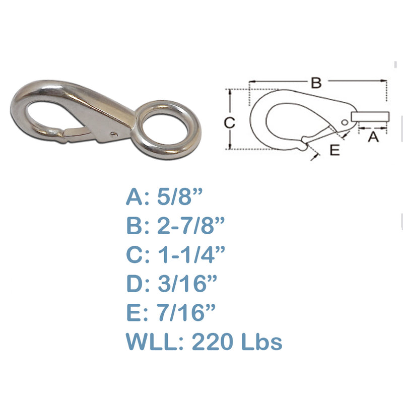 5 PC 5/8" Size Grade 316 Stainless Steel Fixed Eye Boat Snap Hook