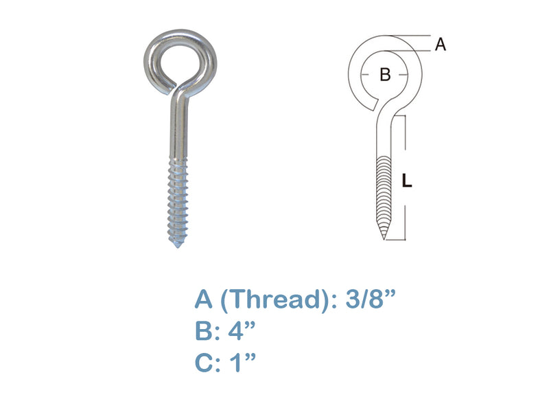 5 PC 316 Stainless Steel 3/8" x 3" Eye Hook Screws Pins Lag Bolt Deck Cabin Hooks Ring Loop Lift