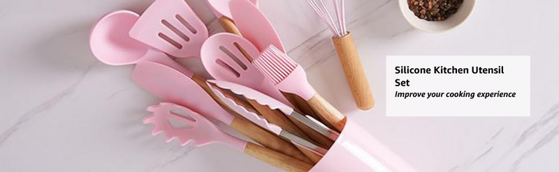 Pink Silicone Kitchen Utensil Spatula Spoon Pasta Serving Tong Whisk 12 Pc Set