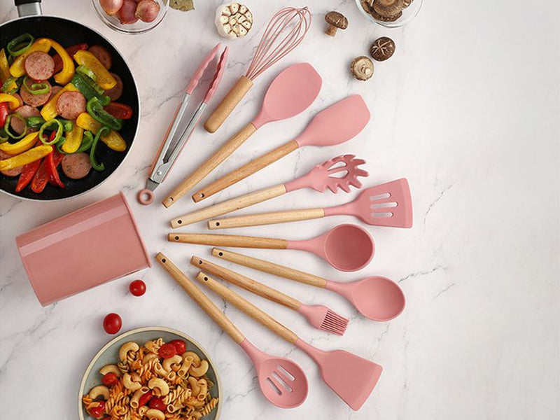 Pink Silicone Kitchen Utensil Spatula Spoon Pasta Serving Tong Whisk 12 Pc Set