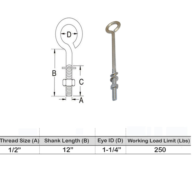 Marine Boat Stainless Steel T316 Turned Eye Bolt Nut and Washer Included