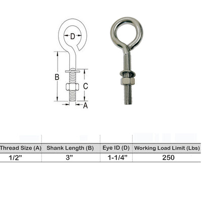 Marine Boat Stainless Steel T316 Turned Eye Bolt Nut and Washer Included