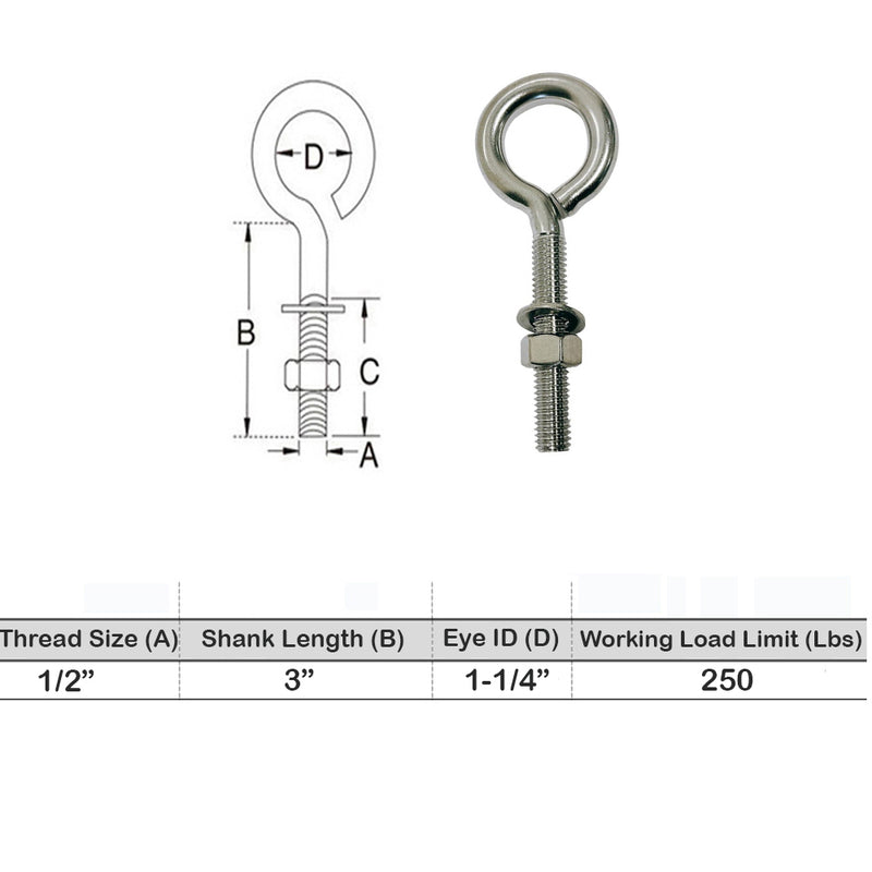 Marine Boat Stainless Steel T316 Turned Eye Bolt Nut and Washer Included