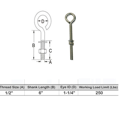 Marine Boat Stainless Steel T316 Turned Eye Bolt Nut and Washer Included