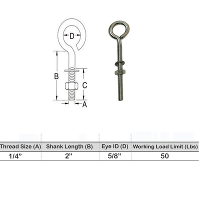 Marine Boat Stainless Steel T316 Turned Eye Bolt Nut and Washer Included