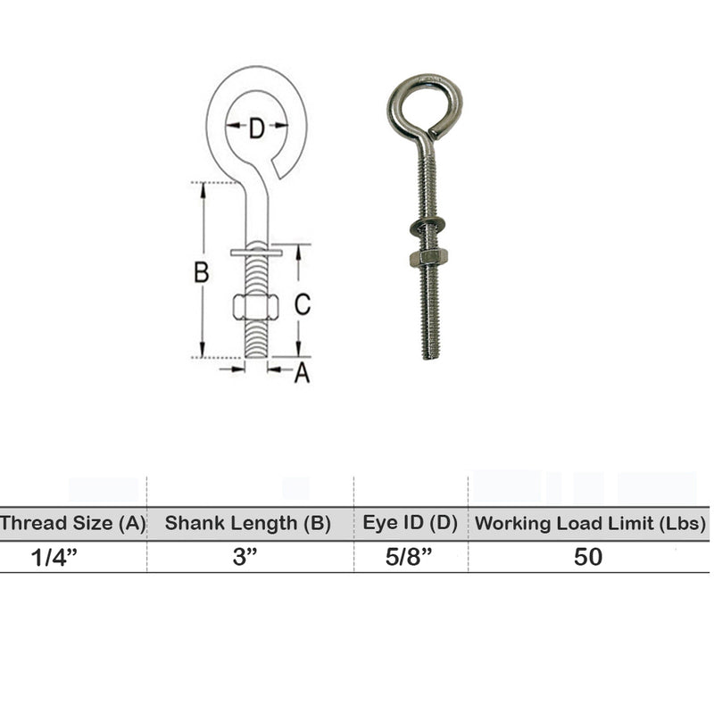 Marine Boat Stainless Steel T316 Turned Eye Bolt Nut and Washer Included