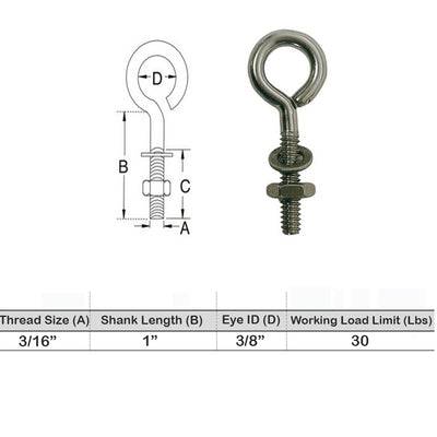 Marine Boat Stainless Steel T316 Turned Eye Bolt Nut and Washer Included