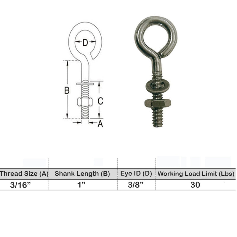 Marine Boat Stainless Steel T316 Turned Eye Bolt Nut and Washer Included