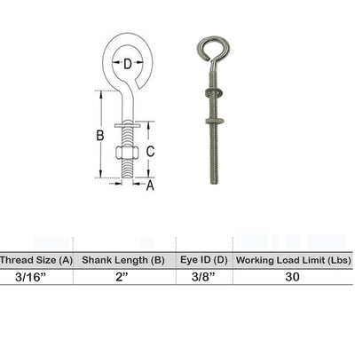 Marine Boat Stainless Steel T316 Turned Eye Bolt Nut and Washer Included