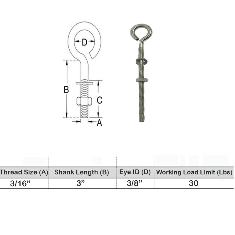 Marine Boat Stainless Steel T316 Turned Eye Bolt Nut and Washer Included