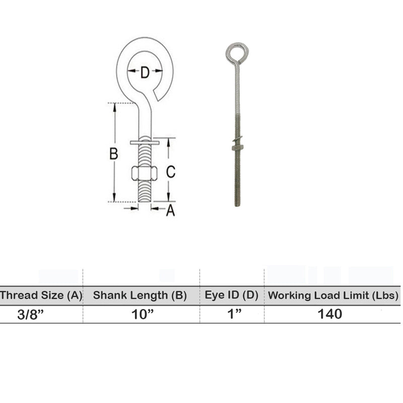 Marine Boat Stainless Steel T316 Turned Eye Bolt Nut and Washer Included