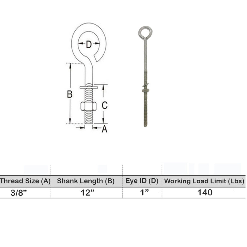 Marine Boat Stainless Steel T316 Turned Eye Bolt Nut and Washer Included