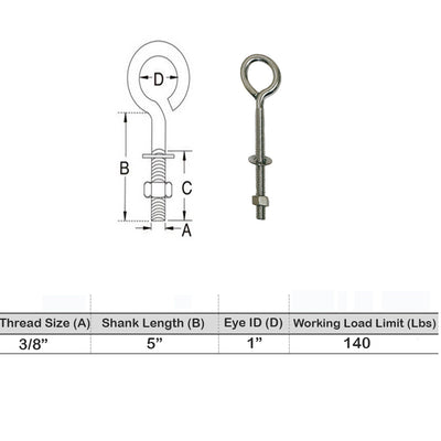 Marine Boat Stainless Steel T316 Turned Eye Bolt Nut and Washer Included