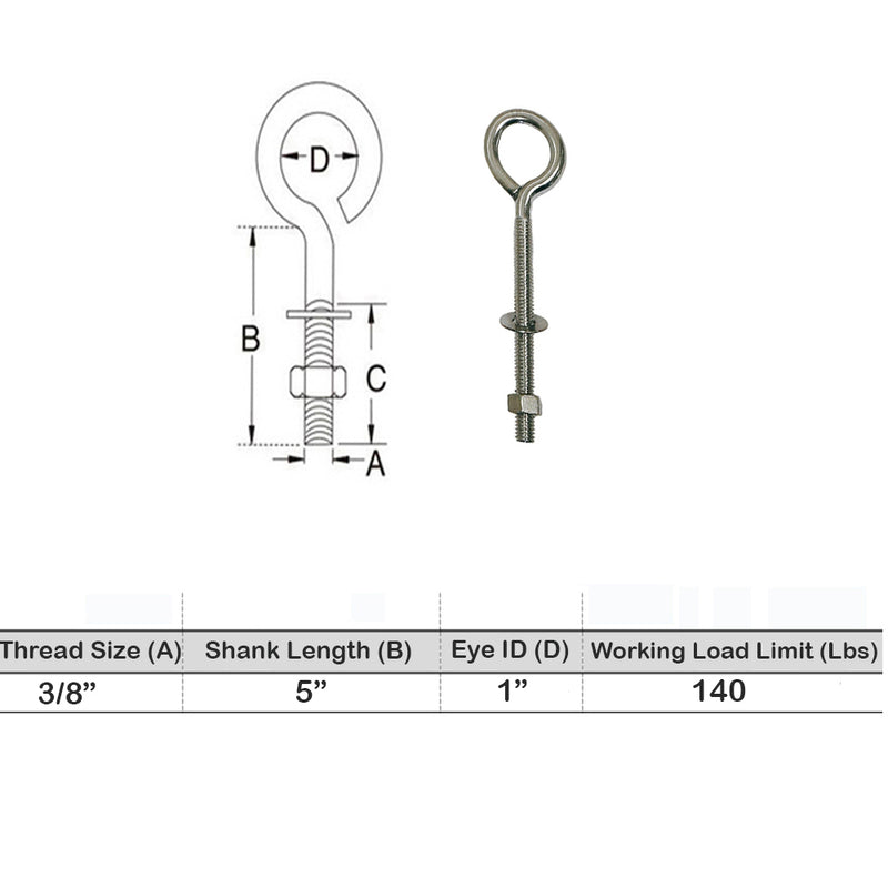 Marine Boat Stainless Steel T316 Turned Eye Bolt Nut and Washer Included