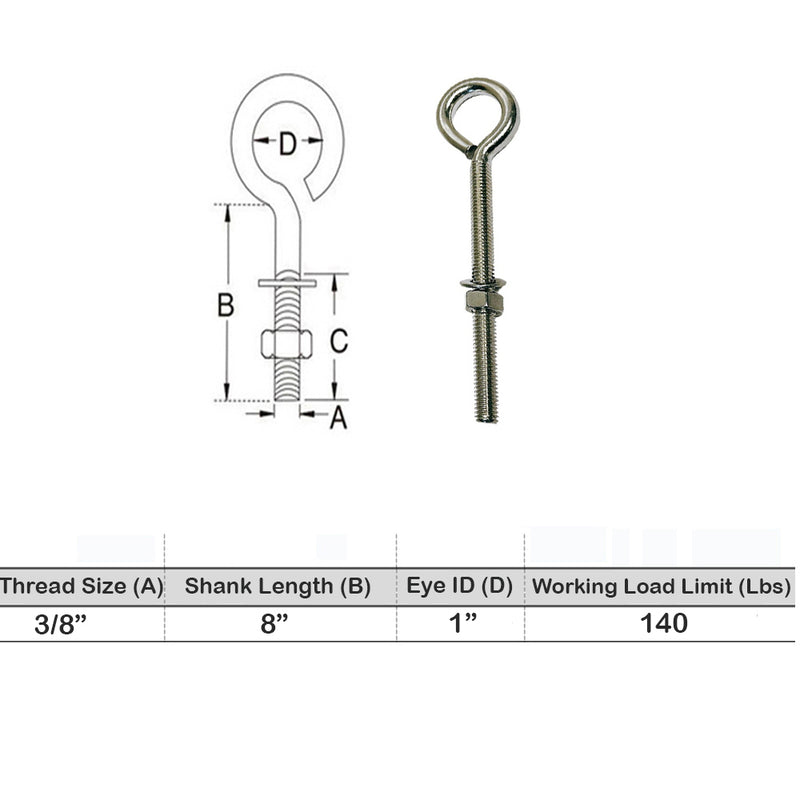 Marine Boat Stainless Steel T316 Turned Eye Bolt Nut and Washer Included