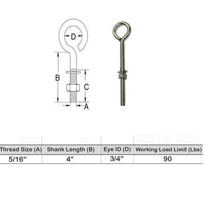 Marine Boat Stainless Steel T316 Turned Eye Bolt Nut and Washer Included