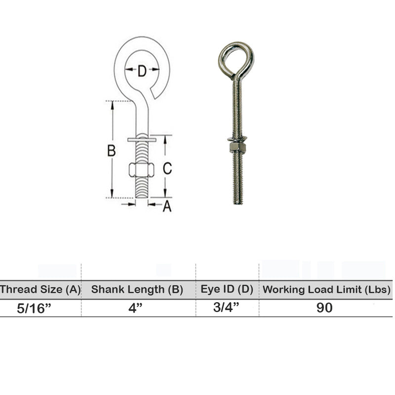 Marine Boat Stainless Steel T316 Turned Eye Bolt Nut and Washer Included