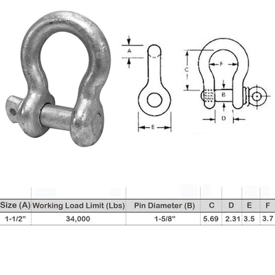 1-1/2'' Screw Pin Anchor D Ring Rigging Bow Shackle Galvanized Steel Drop Forged For Marine Boat WLL 34000 Lbs