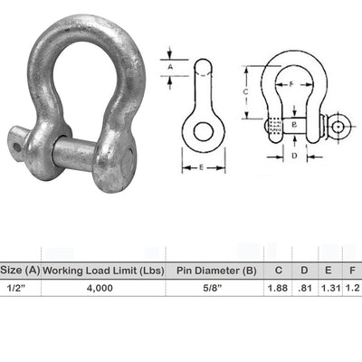 1/2'' Screw Pin Anchor D Ring Rigging Bow Shackle Galvanized Steel Drop Forged Set 5 PC For Marine Boat WLL 4000 Lbs