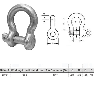 3/16" Screw Pin Anchor D Ring Rigging Bow Shackle Galvanized Steel Drop Forged Set 2 PC For Marine Boat WLL 665Lbs