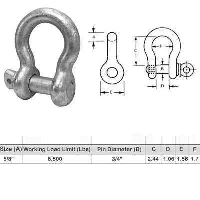 5/8'' Screw Pin Anchor D Ring Rigging Bow Shackle Galvanized Steel Drop Forged For Marine Boat WLL 6500 Lbs