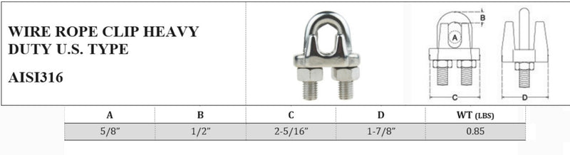 Marine Industrial 5/8" Heavy Duty Wire Rope Clip Clamp Stainless Steel Cable Rigging Boat