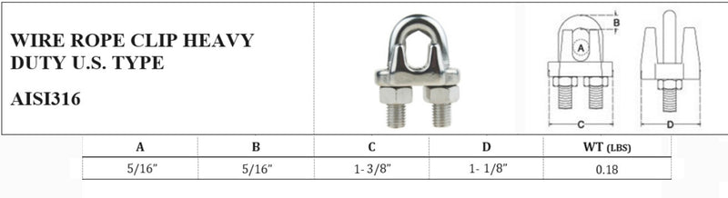 5/16" Heavy Duty Wire Rope Clip Clamp Stainless Steel Cable Rigging Marine Boat