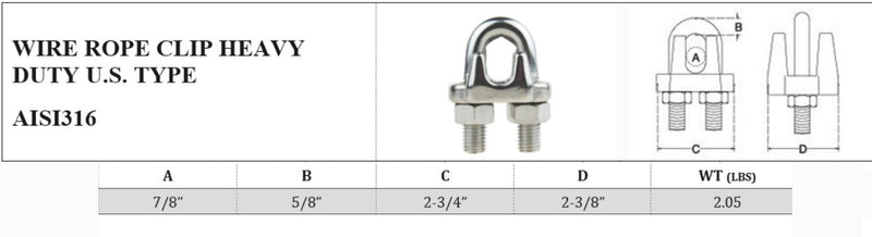 Marine Stainless Steel 316 Heavy Duty Wire Rope Clips 7/8&