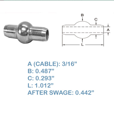 1 PC Double Shank Ball 3/16” Stainless Steel 316 Swage Fitting Industrial Wire Rope Terminal Cable