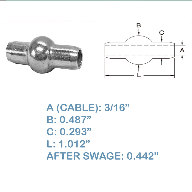 1 PC Double Shank Ball 3/16” Stainless Steel 316 Swage Fitting Industrial Wire Rope Terminal Cable