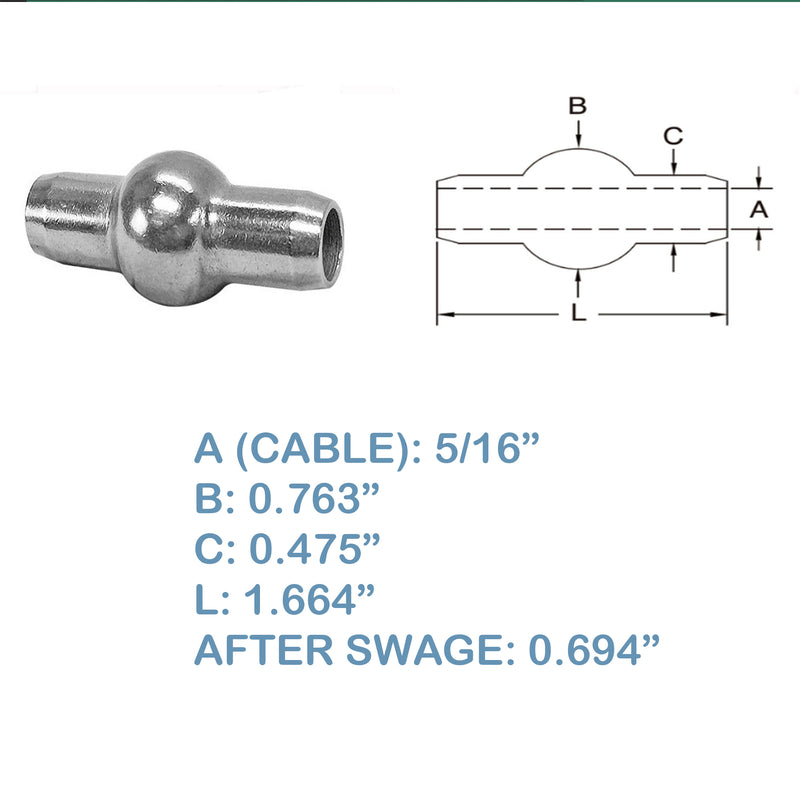 1 PC Double Shank Ball 5/16” Stainless Steel 316 Swage Fitting Industrial Wire Rope Terminal Cable