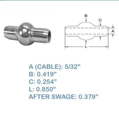 1 PC Double Shank Ball 5/32” Stainless Steel 316 Swage Fitting Industrial Wire Rope Terminal Cable